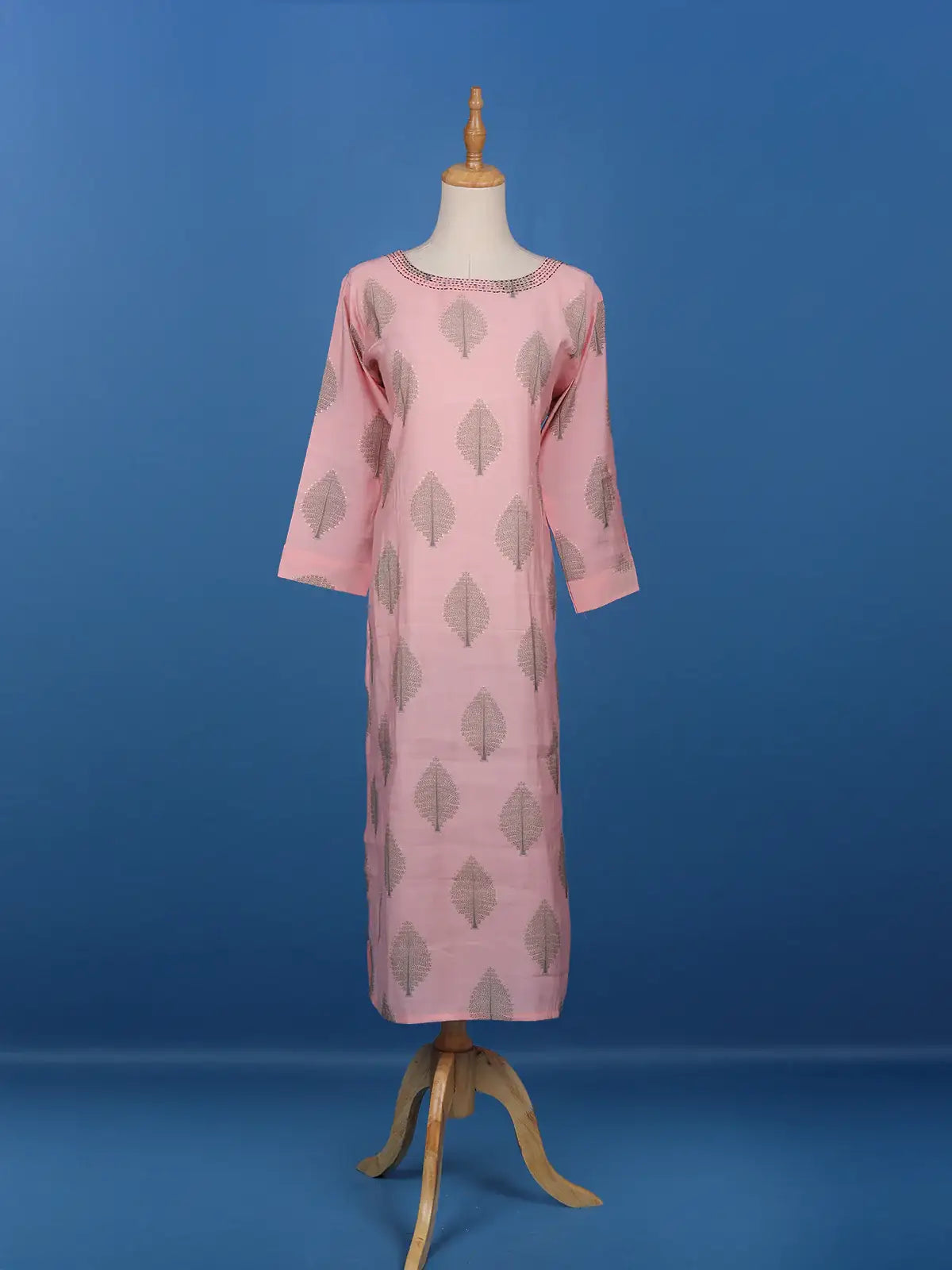 Pale Pink Leaf Designed Cotton Kurti - Diadem