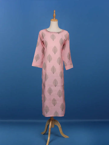 Pale Pink Leaf Designed Cotton Kurti - Diadem