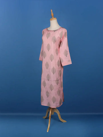 Pale Pink Leaf Designed Cotton Kurti - Diadem