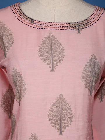 Pale Pink Leaf Designed Cotton Kurti - Diadem