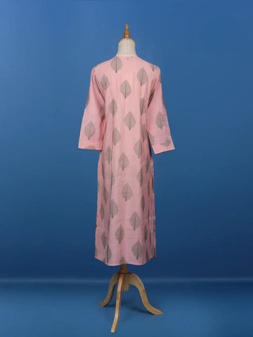 Pale Pink Leaf Designed Cotton Kurti - Diadem