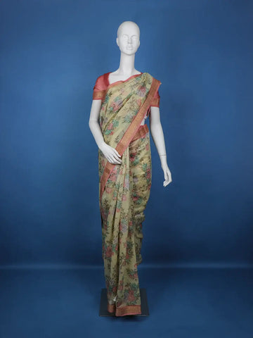 Pale Yellow Floral Designed Chanderi Cotton Saree - Diadem