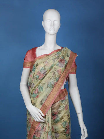 Pale Yellow Floral Designed Chanderi Cotton Saree - Diadem