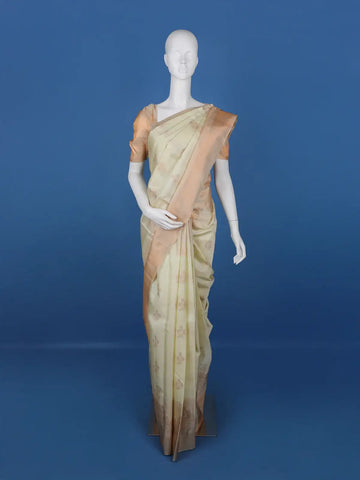 Pale Yellow Floral Woven Pure Kanchipuram Silk Saree - Diadem