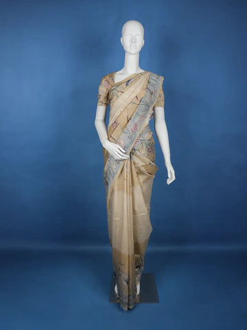 Pale Yellow Floral Designed Semi Tussar Saree - Diadem