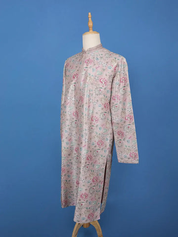 Pale Pink Floral Design Embroidery Design Silk Kurta Set For Men - Diadem