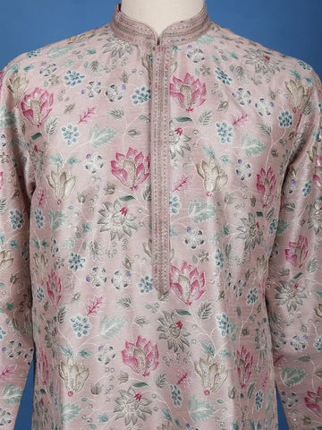 Pale Pink Floral Design Embroidery Design Silk Kurta Set For Men - Diadem