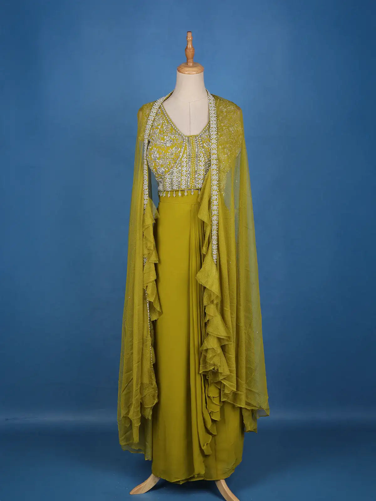 Parrot Green Embroidered Design Georgette Skirt Top