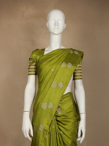 Parrot Green Floral Design Tussar Silk Saree - Diadem