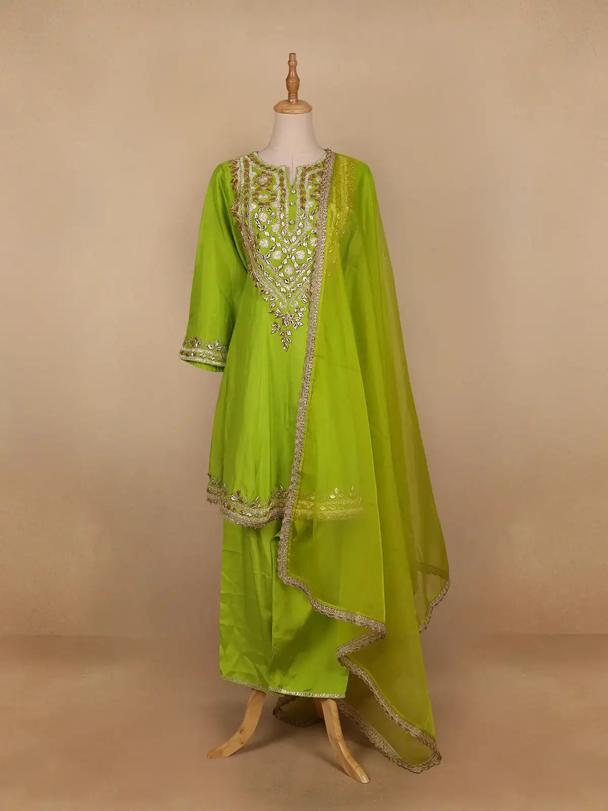 Parrot Green Floral Designed Semi Silk Salwar Suit - Diadem