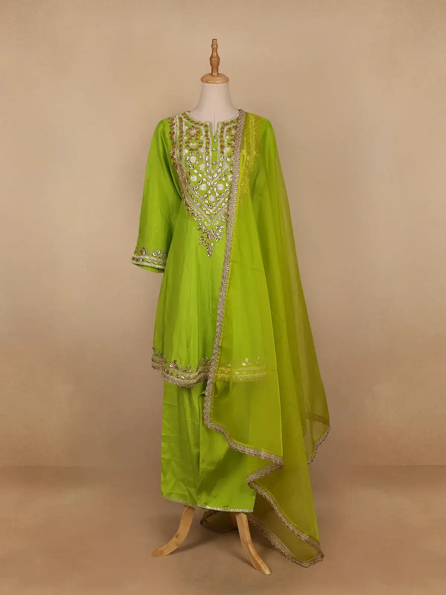Parrot Green Floral Designed Semi Silk Salwar Suit | Diadem Parrot Green Floral Designed Semi Silk Salwar Suit | Diadem