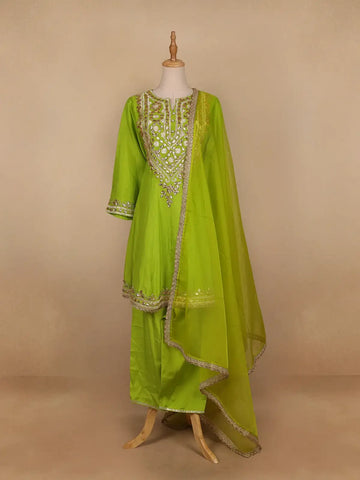 Parrot Green Floral Designed Semi Silk Salwar Suit - Diadem