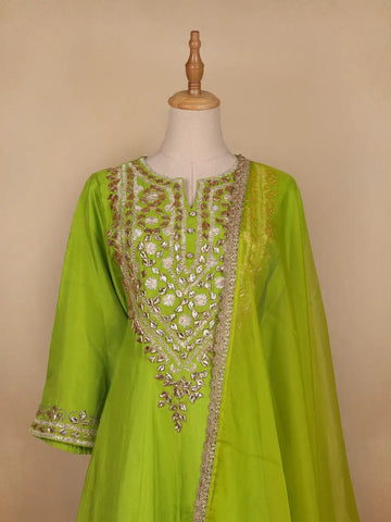 Parrot Green Floral Designed Semi Silk Salwar Suit - Diadem