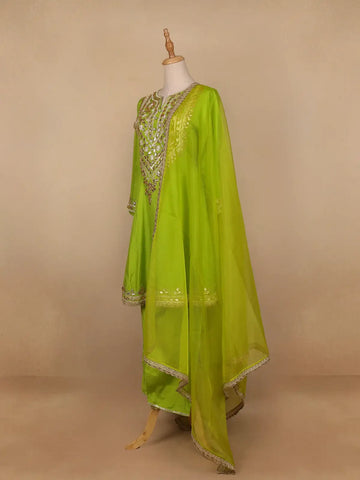 Parrot Green Floral Designed Semi Silk Salwar Suit - Diadem