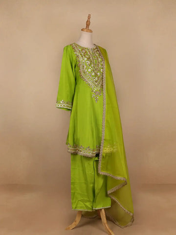 Parrot Green Floral Designed Semi Silk Salwar Suit - Diadem