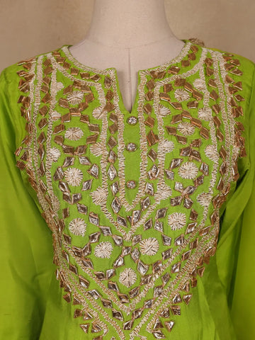 Parrot Green Floral Designed Semi Silk Salwar Suit - Diadem