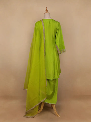 Parrot Green Floral Designed Semi Silk Salwar Suit - Diadem