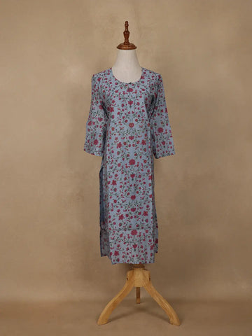 Pastel Blue Floral Design Cotton Kurti - Diadem