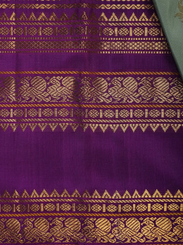 Pastel Green Floral Design With Purple Zari Woven Soft Silk Saree - Diadem