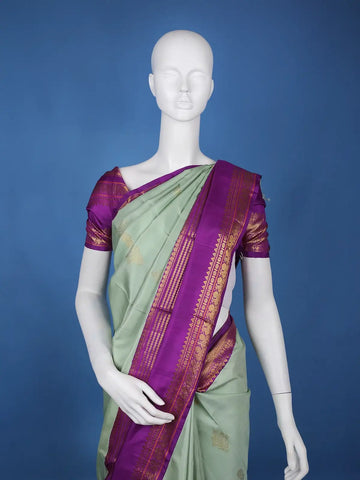 Pastel Green Floral Design With Purple Zari Woven Soft Silk Saree - Diadem