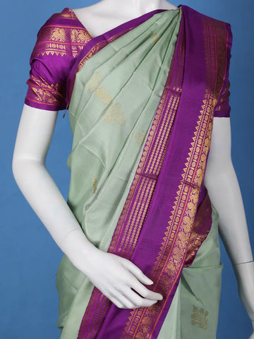Pastel Green Floral Design With Purple Zari Woven Soft Silk Saree - Diadem
