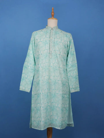 Pastel Green Floral Embroidered Cotton Kurta for Men - Diadem