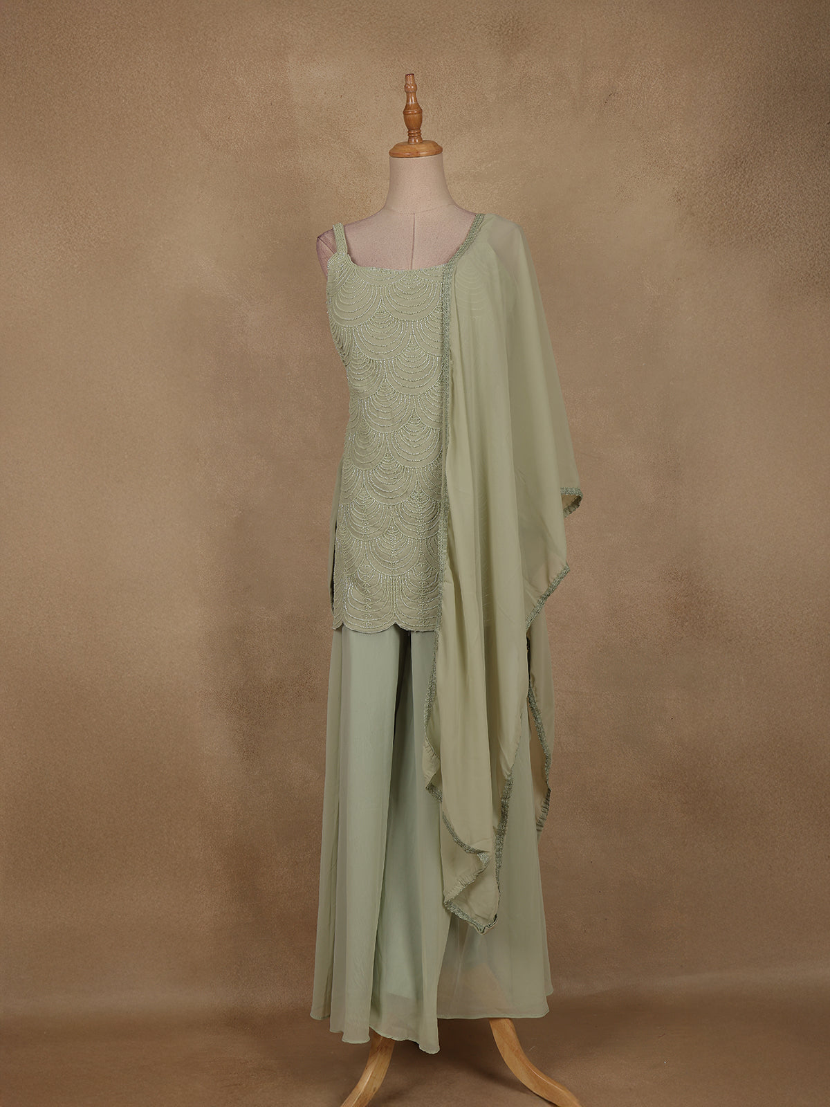 Pastel Green Sequins Design Georgette Palazzo Suit with Dupatta