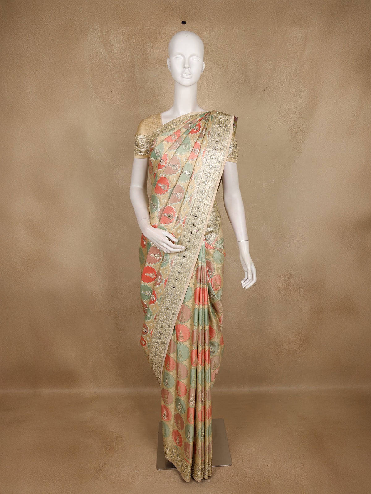 Pastel Green and Peach Floral Woven Design Banarasi Saree with Designer Zari Border