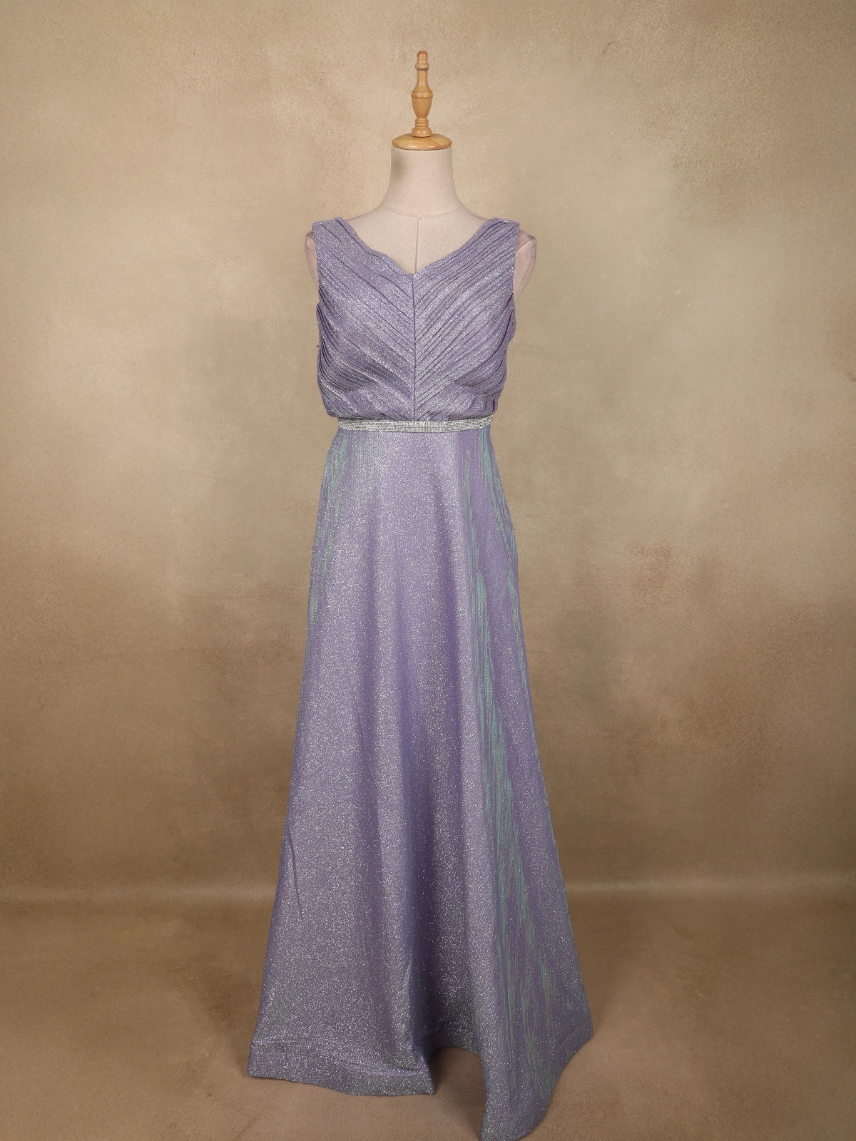 Pastel Lavender Glitter Design Net Party Wear Gown with Waist Belt