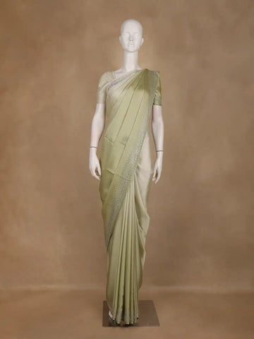 Pastel Olive Green Solid Satin Fancy Saree With Designed Border - Diadem