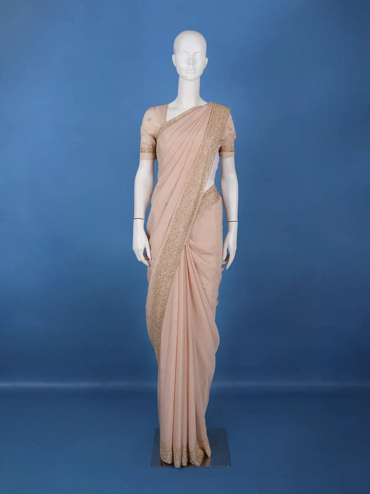 Pastel Peach Solid Design Synthetic Saree With Floral Beads Border - Diadem