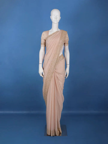 Pastel Peach Solid Design Synthetic Saree With Floral Beads Border - Diadem