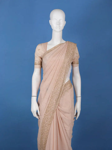 Pastel Peach Solid Design Synthetic Saree With Floral Beads Border - Diadem