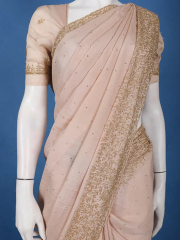 Pastel Peach Solid Design Synthetic Saree With Floral Beads Border - Diadem