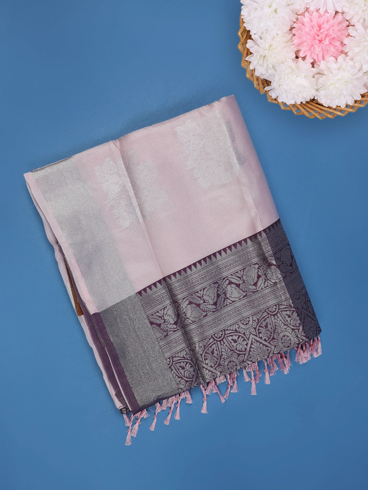 Pastel Pink Floral Woven Art Silk Saree with Contrast Zari Border