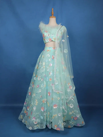 Pastel Mint Green Floral And Sequins Embroidered Net Lehenga for Bridesmaids - Diadem