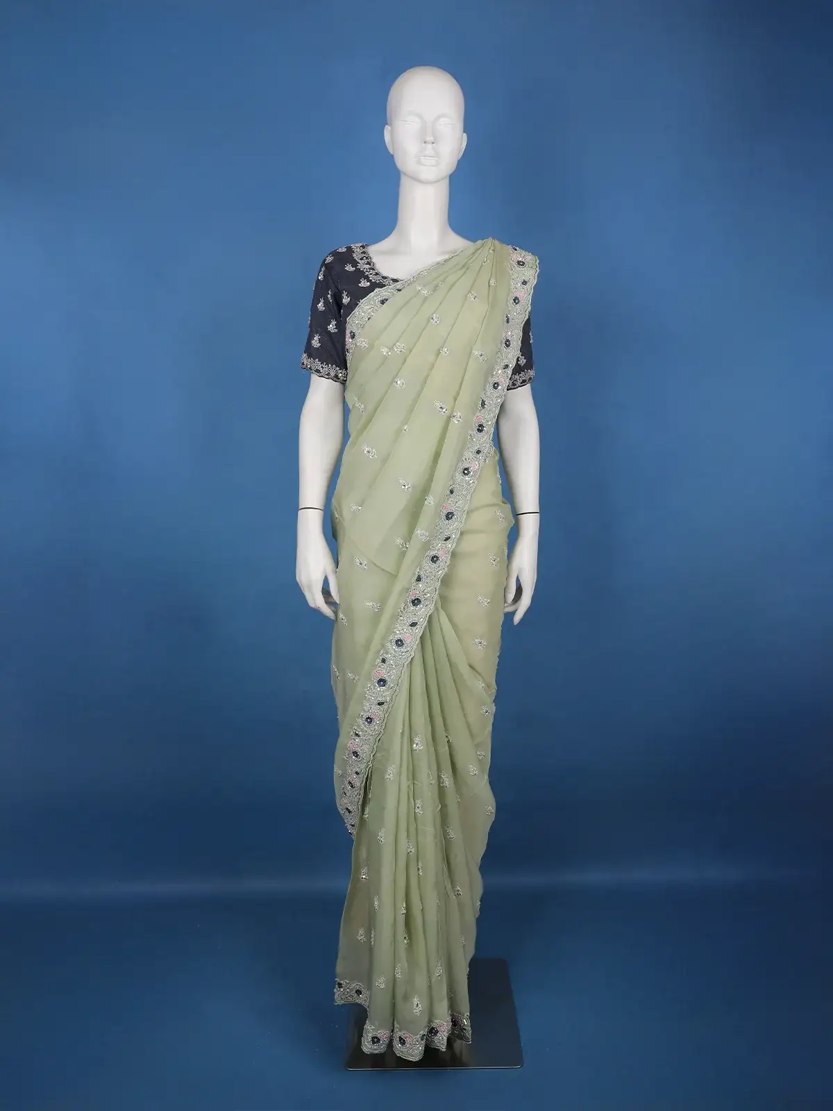 Pastel Olive Green Sequin Work Embroidery Designed Net Saree - Diadem