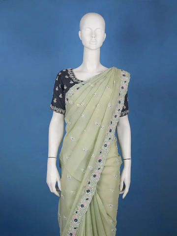 Pastel Olive Green Sequin Work Embroidery Designed Net Saree - Diadem
