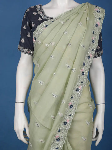 Pastel Olive Green Sequin Work Embroidery Designed Net Saree - Diadem