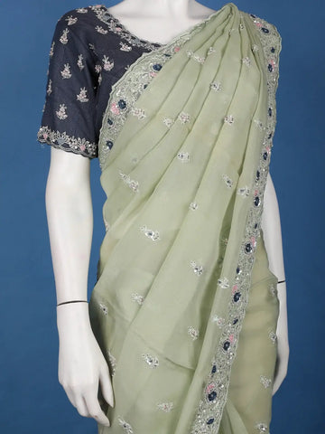 Pastel Olive Green Sequin Work Embroidery Designed Net Saree - Diadem