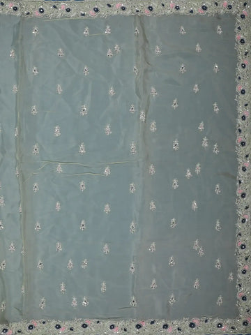 Pastel Olive Green Sequin Work Embroidery Designed Net Saree - Diadem