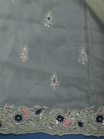 Pastel Olive Green Sequin Work Embroidery Designed Net Saree - Diadem