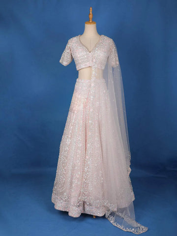 Pastel Pink Bridal Lehenga for Women with Floral Embroidery - Diadem