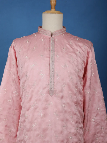 Pastel Pink Thread Embroidered Kurta Set , With Pant - Diadem