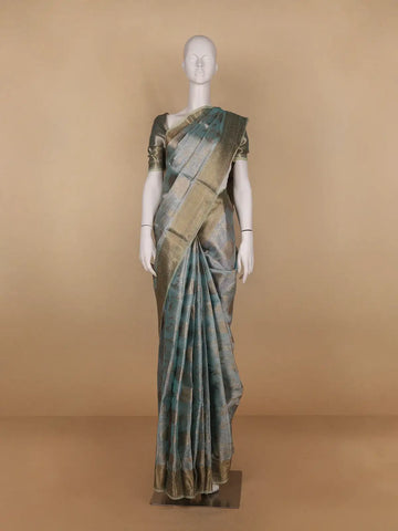Pastel Teal Blue Floral Motifs Semi Tissue Saree - Diadem
