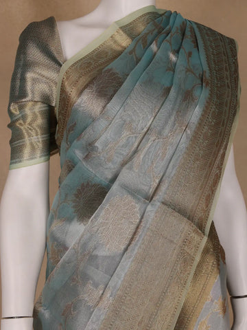 Pastel Teal Blue Floral Motifs Semi Tissue Saree - Diadem