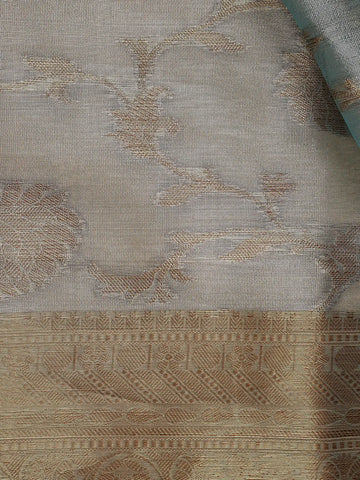 Pastel Teal Blue Floral Motifs Semi Tissue Saree - Diadem