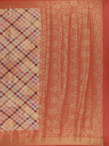 Peach Banarasi Saree with Checked Design on the Body and Contrast Border - Diadem