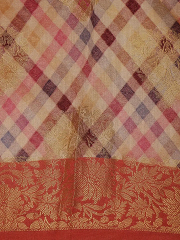 Peach Banarasi Saree with Checked Design on the Body and Contrast Border - Diadem