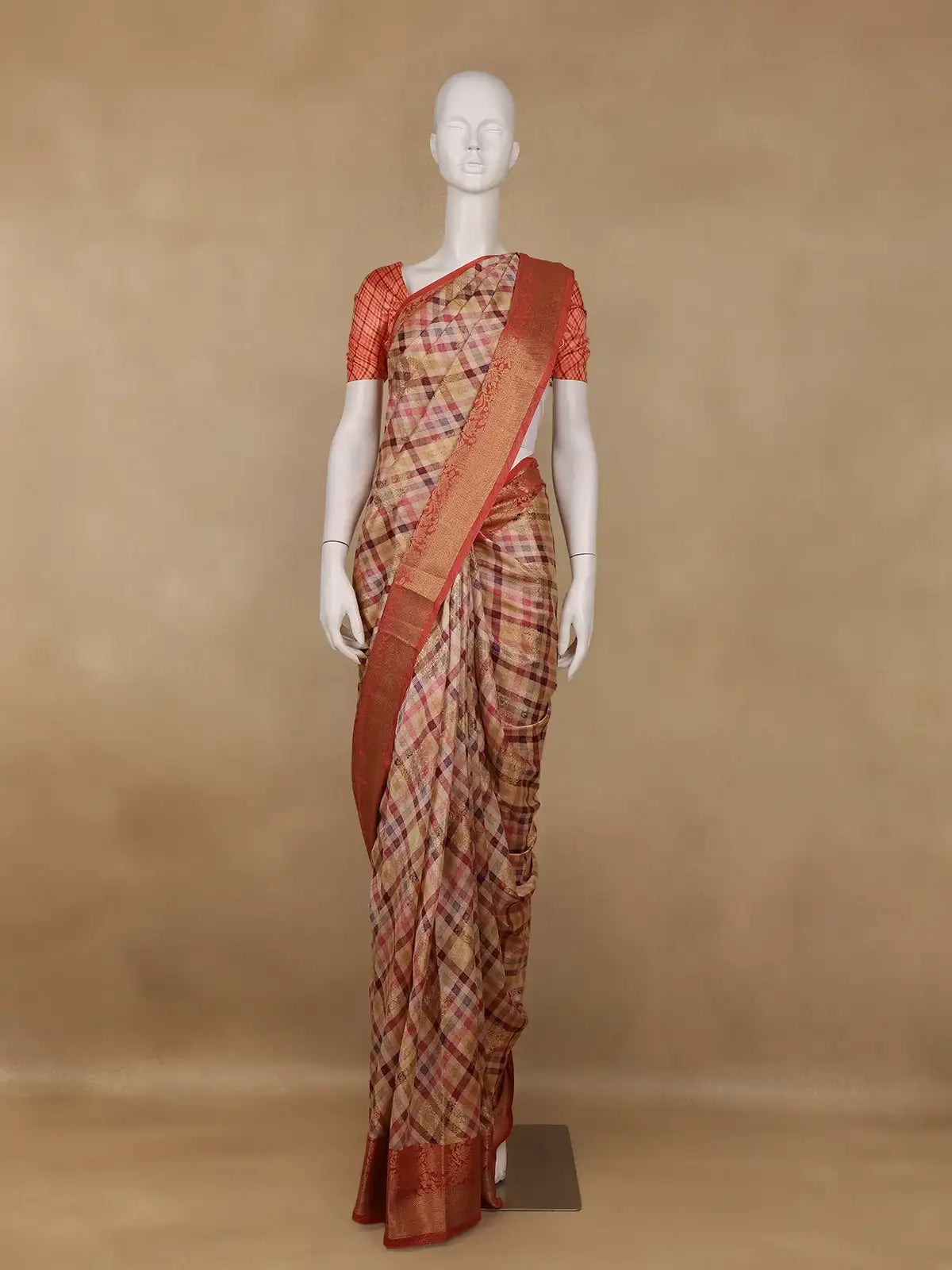 Peach Banarasi Saree with Checked Design on the Body and Contrast Border - Diadem